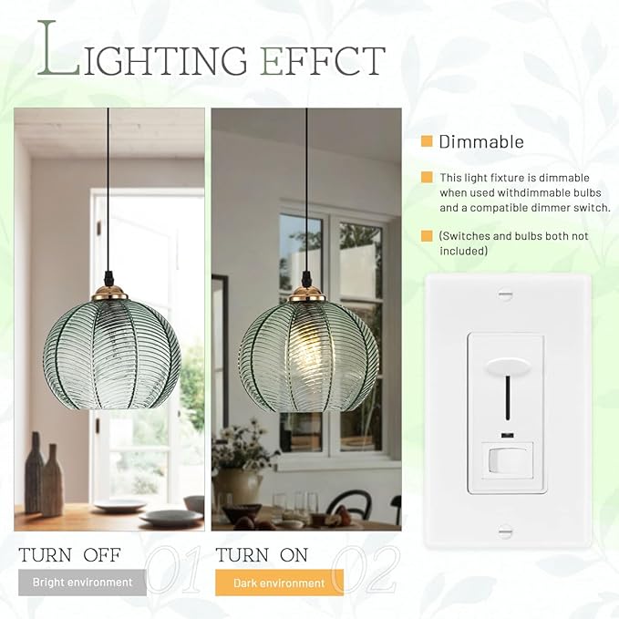 Glass Pendant Light Kitchen Island Pendant Lights with Green Glass Shade Hand Blown 1-Light Globe Pendant Light Gold Modern Hanging Light for Dining Room Bedroom