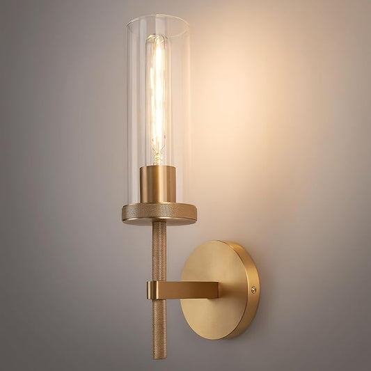 15" Knurled Brass Wall Sconce with Clear Glass Tube, Gold Bathroom Vanity Light Fixtures, Modern Lamp Lighting for Bedroom, Living Room, Hallway, Staircase, Mirror, Kitchen
