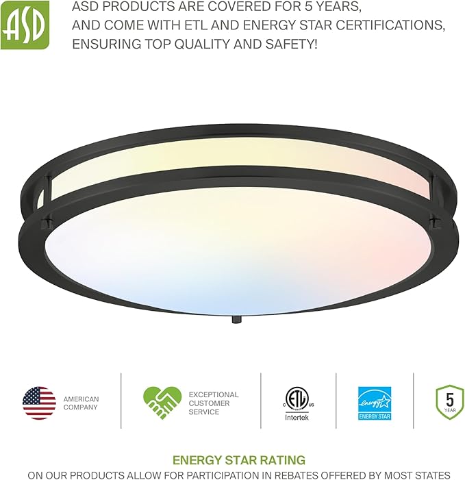 ASD LED 16" Round Flush Mount Lighting, Close to Ceiling Light Fixture | 3CCT, Dimmable, Energy Star, ETL Listed | 24W 1854LM 3000-5000K 120V | Low Profile Double Ring Lamp | Black, 2 Pack