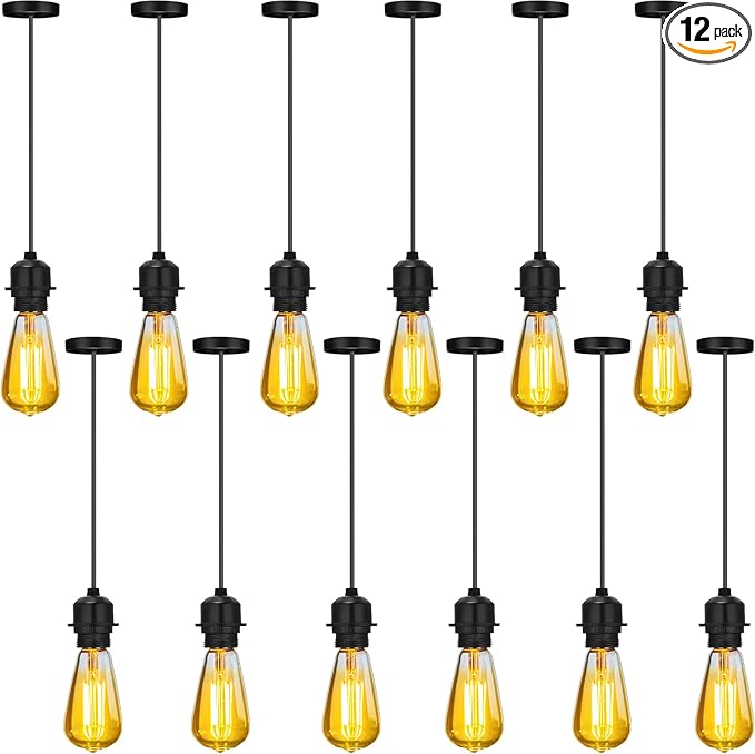 Retisee 12 Pack Industrial Mini Pendant Light Kit Bulk Mini Ceiling Hanging Light Fixtures E26 Lamp Socket Vintage Black Cord Pendant Light Fixtures Adjustable DIY Hanging Lamp Kit for Kitchen Bedroom