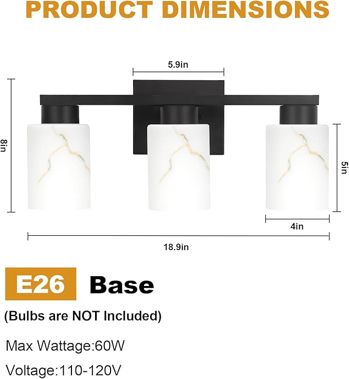 3-Light Bathroom Light Fixtures, Modern Vanity Lights, Black Metal Wall Lamp with Handcrafted Art Glass for Bathroom, Mirror, Living Room, Bedroom, Cabinet, Porch, Hallway, E26 Base