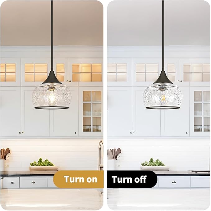 Black Pendant Light - Modern Pendant Lights Kitchen Island with Handblown Glass, Vintage Hanging Light for Kitchen with Adjustable Height, Lithging Fixture for Dining Room Sink