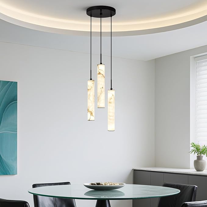 LMQNINE Natural Alabaster Pendant Lights for Kitchen Island White Marble Long Tube Chandelier 4000K Modern Black Ceiling Light Fixtures for Bedroom Dining Room Living Room Hallway(Y-3Light-Crackle)