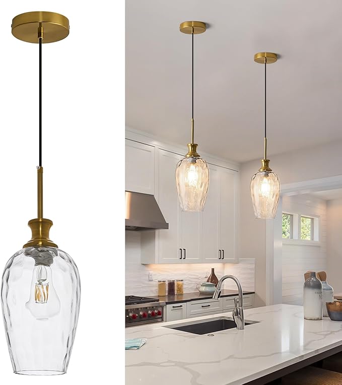 Modern Kitchen Pendant Lights,1-Light Brass Color Pendant Light Fixtures with Hand-Blown Clear Glass Light Fixture for Kitchen Island Sink Dining Room Bedroom Hallway, E26 Bulb Not Includes