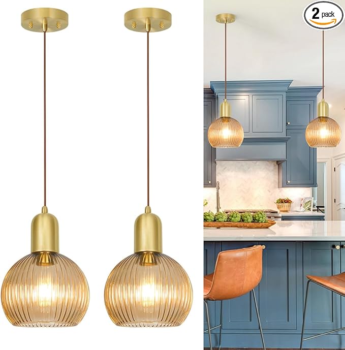 Gold Pendant Light Set Of 2, Modern Pendant Lights Kitchen Island With Amber Striped Glass, Mid Bathroom Pendant Light Adjustable Hanging Light For Dining Room Hallway, 7.8in Shade 11.8-59in Cord