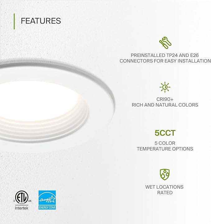 ASD 4 Inch Retrofit LED Recessed Light - 10W 2700K-5000K 849LM Retrofit LED Recessed Lighting 4 Inch, Dimmable Recessed Lights, Wet Rated Baffle Trim Can Lights, ETL, Energy Star