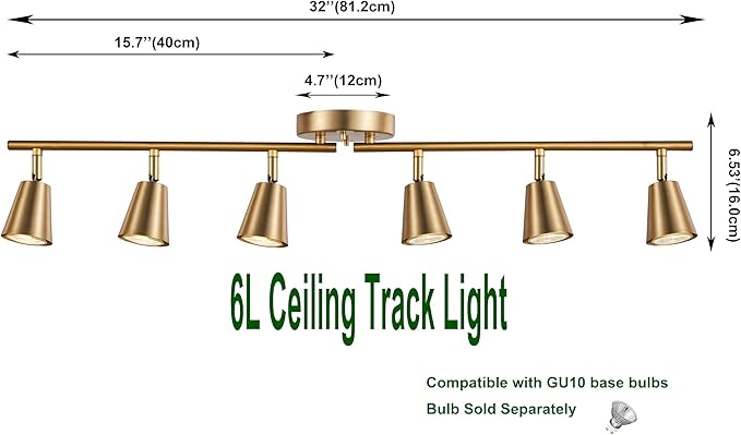6 Light Track Lighting Kit, Matte Brass Finish Foldable and Adjustable with Modern Ceiling Spotlight for Kitchen,Living,Bed Room Home Improvement