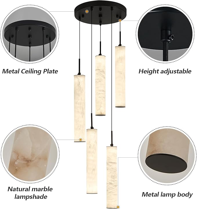 LMQNINE Natural Alabaster Pendant Lights for Kitchen Island White Marble Long Tube Chandelier 4000K Modern Black Ceiling Light Fixtures for Bedroom Dining Room Table Living Room Hallway(M-5Light)