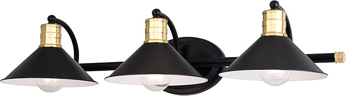 VAXCEL Akron 3-Light 28 inch Wide Matte Black and Natural Brass Industrial Bathroom Vanity Lighting Fixture, Metal Shade, Dimmable, LED Compatible, Over The Mirror Mounted Steel Wall Sconce