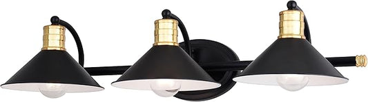VAXCEL Akron 3-Light 28 inch Wide Matte Black and Natural Brass Industrial Bathroom Vanity Lighting Fixture, Metal Shade, Dimmable, LED Compatible, Over The Mirror Mounted Steel Wall Sconce