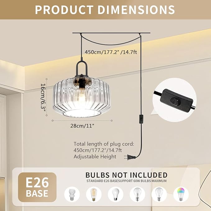 Hanging Pendant Light Plug in Plug in Pendant Lamp Globe Hanging Lights with Plug in Cord for Bedroom Mid Century Modern Ceiling Light fixtures Clear Striped Glass Swag Lights Kitchen