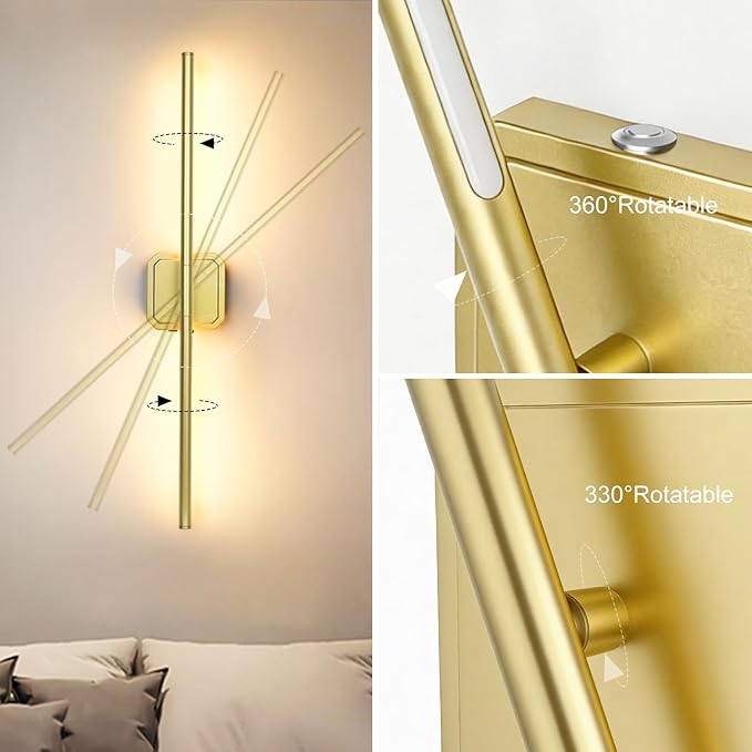 Battery Operated Wall Sconces Set of 2, Rechargeable Wall Sconces with Remote Control, LED Gold Wall Lights, 3000K-6000K Dimmable 360° Rotatable for Living Room, Bedroom, Hallway, 28''