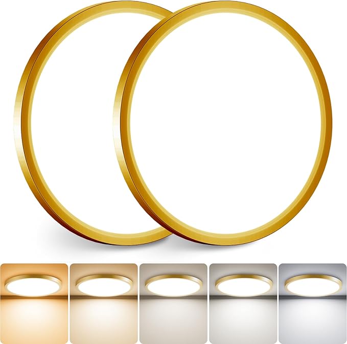slochi Gold LED Flush Mount Ceiling Light Fixture, 12 Inch 24W, 3200LM, Super Slim 0.7 Inch, 3000K-6500K Adjustable Low Profile LED Ceiling Lights for Bedroom, Kitchen, Hallway, 2Pack
