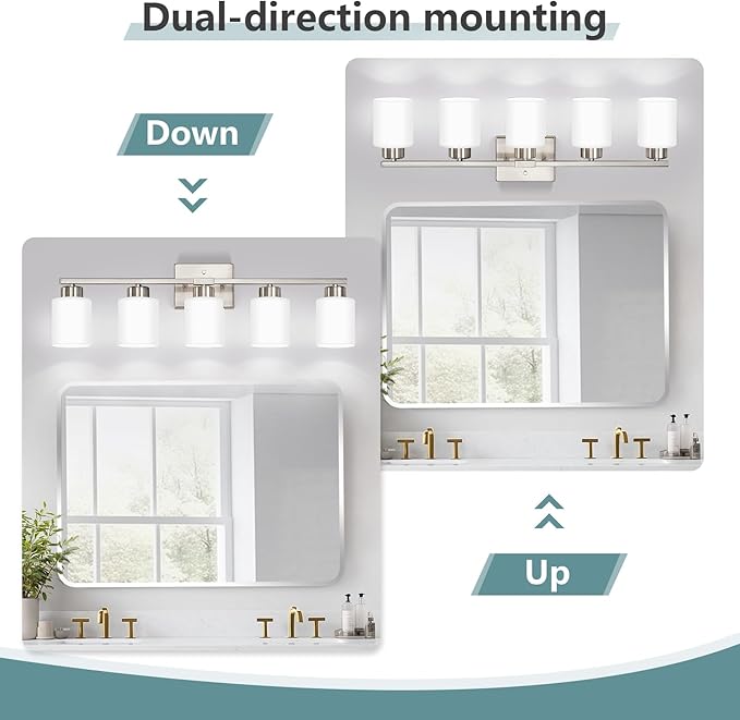 Brushed Nickel Bathroom Light Fixtures, 5-Light Modern Vanity Lights with Milky White Frosted Glass Shades, Wall Sconces for Mirror, Bathroom, Restroom (E26 Socket)