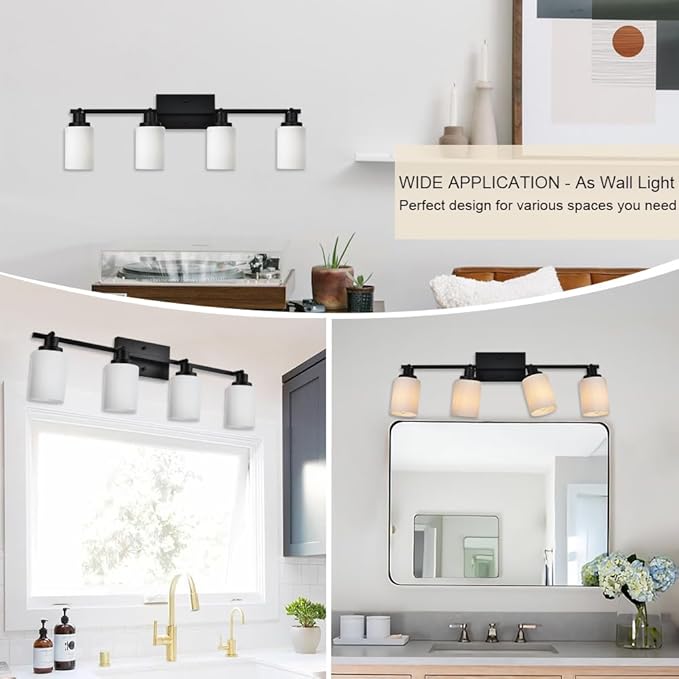 TODOLUZ Adjustable Ceiling Spotlight in Black, 4-Lights Kitchen Island Light Fixtures Ceiling Wall Mount, Track Lighting Kit with Opal White Glass Hallway Dining Room
