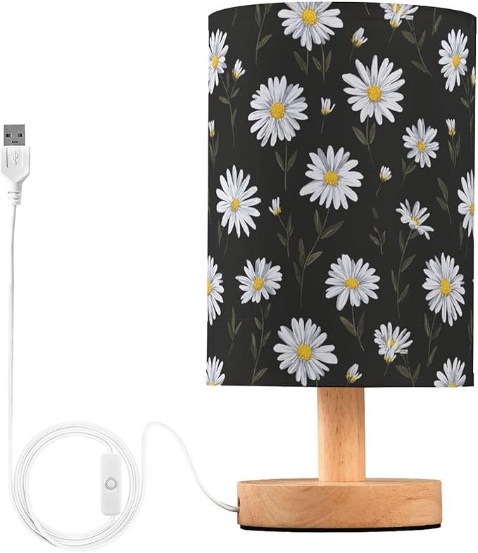 Aslsiy White Daisy on Black Bedside Table Lamp Cute Flower Nightstand Lamp Night Light Fabric Shade for Bedroom Living Room Home Office