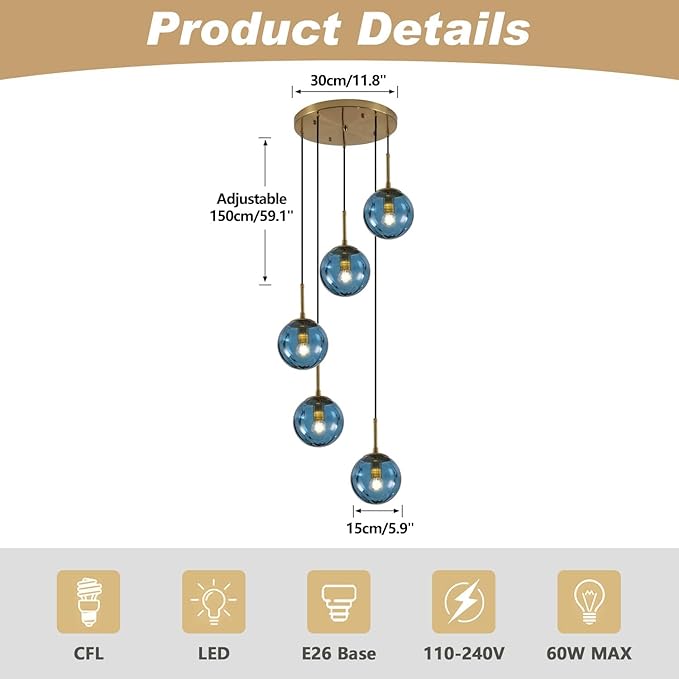 KCO Lighting Nordic Blue Glass Pendant Light 5-Light Globe Cluster Pendant Lighting Brushed Gold Kitchen Island Pendant Lights Modern Farmhouse Multi Pendant Hanging Light Fixture