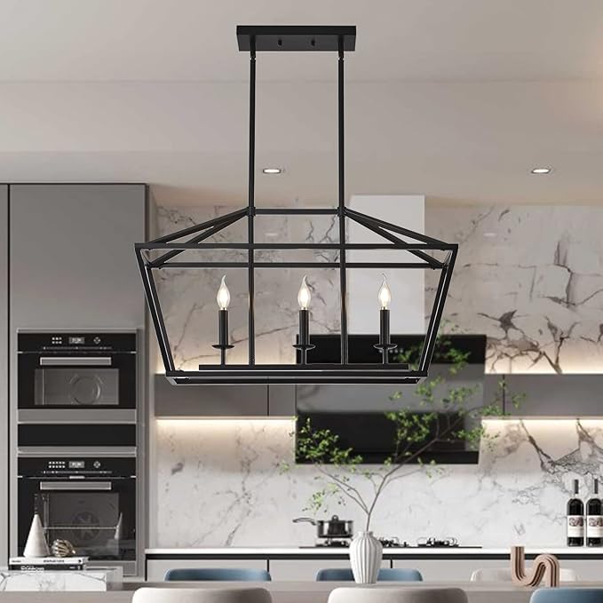 XILICON Dining Room Light Fixtures Over Table, 3-Light Black Farmhouse Chandelier Light Fixture Black Industrial Linear Pendant Lights Kitchen Island Candle Lantern Chandelier