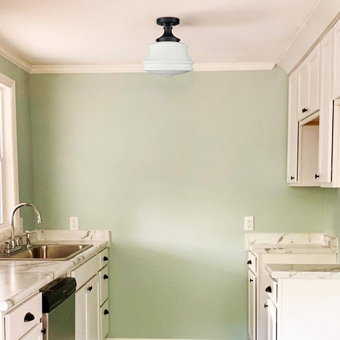 Black Schoolhouse Ceiling Light Milk Glass Semi Flush Mount Ceiling Light 11-Inch Modern Matte Black Schoolhouse Light Fixtures for Hallway Bedroom Bathroom Kitchen Foyer