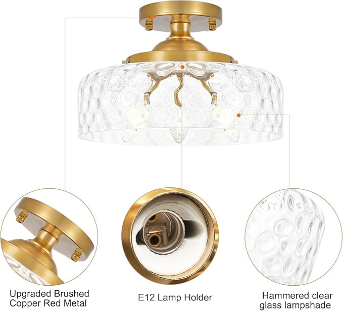 Gold Semi Flush Mount Ceiling Light, 3-Light Ceiling Light with Hammered Glass, Vintage Hallway Lights, Brass Closet Light Fixture, Kitchen Flush Ceiling Mount for Entryway Bedroom Bathroom,E12