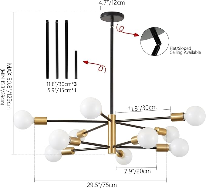 KAISITE Modern Chandelier Dining Room Light Fixture Over Table 10-Light Sputnik Chandelier Ceiling Light Fixture Height Adjustable Black and Gold Mid Century Pendant Lighting for Kitchen Living Room
