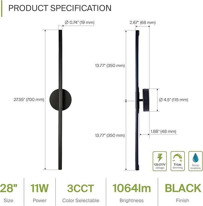 ASD LED 28" Linear Tube Wall Sconce, Modern Bathroom Light Bar | 3CCT, Dual 360° Rotatable, Dimmable, ETL Listed | 11W 1064LM 3000-5000K 100-277V | Bedroom, Hallway Vanity Lighting | Black, 2 Pack