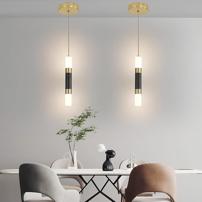 Modern Kitchen Island Pendant Light Fixtures, Black and Gold LED Ceiling Hanging Lights, 3 Color 2700K/4500K/6500K, Over Table Mini Linear Acrylic Pendant Lighting for Dining Room, Bedside, Bar