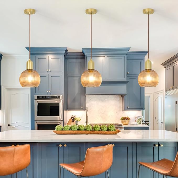Gold Pendant Light Set Of 2, Modern Pendant Lights Kitchen Island With Amber Striped Glass, Mid Bathroom Pendant Light Adjustable Hanging Light For Dining Room Hallway, 7.8in Shade 11.8-59in Cord