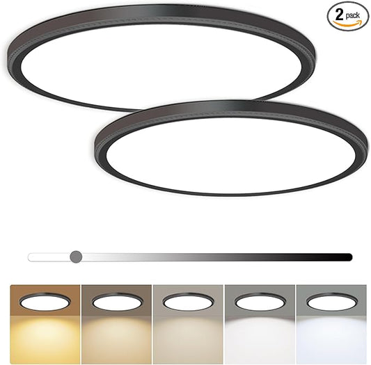 2 Pack 12 Inch Dimmable LED Flush Mount Ceiling Light Fixture 28W 3200LM 5 Color Temperature in One Super Slim Round Ceiling Lamp Low Profile Ceiling Lights for Living Bedroom Kitchen Laundry Black