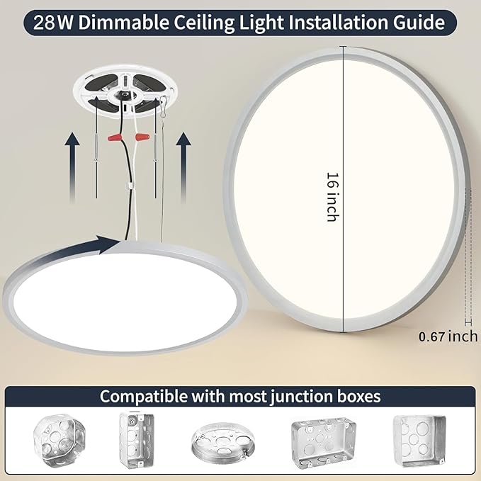 Flush Mount Led Ceiling Light Fixture 16 Inch 28W 2800LM Bright Surface Mount Dimmable Ceiling Lamps 3 Color Selectable Modern Flat Round Kitchen Light for Bedroom Closet Pantry Living Room Hallway