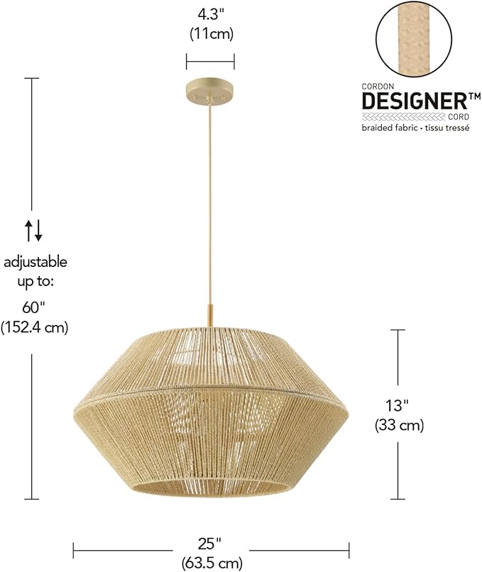 GLOBE Electric 67000154 1-Light Pendant Light, Wood Toned, Beige Paper Twine Shade, Adjustable Height, Ceiling Lights, Home Essentials, Kitchen, Bedroom, Indoor Lighting, Décor