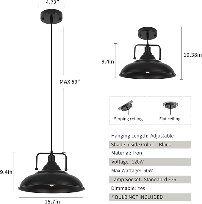 Black Pendant Light, Large Pendant Light 15.7" 1 Pack, Modern Farmhouse Pendant Lighting, Kitchen Pendant Lights, Pendant Lights Kitchen Island for Kitchen, Living Room
