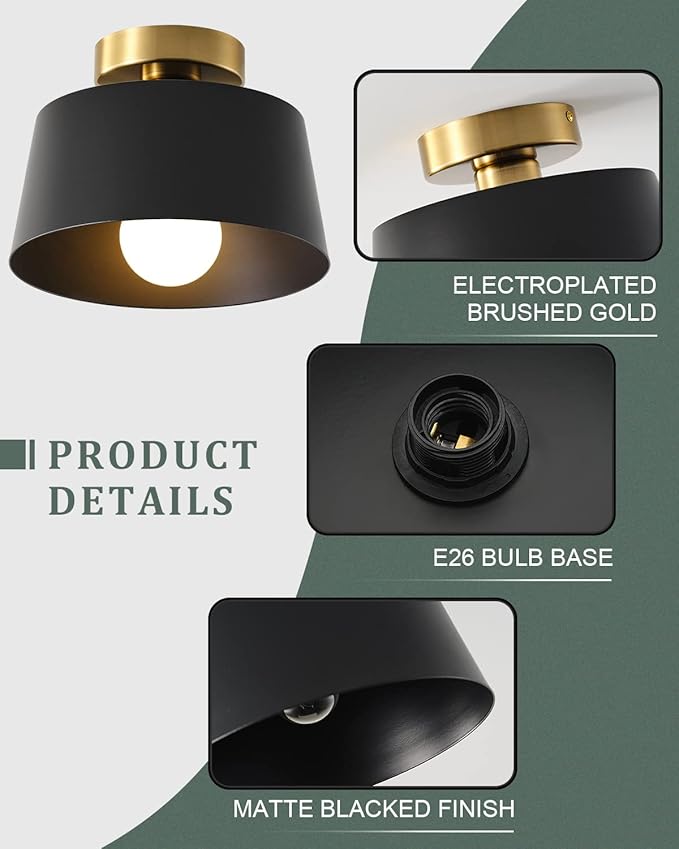 Ceiling Light Fixture, Hallway Ceiling Light with Gold Plate and Matte Black Shade, Modern Simple Style Porch Light Fixtures Semi Flush Mount (3 Pack Black)