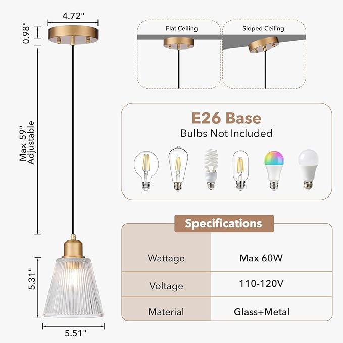 Pendant Light Kitchen Island, Modern Pendant Light Fixture with 5.8mm Thick Glass Shade, Adjustable Gold Hanging Light Fixture for Kitchen Sink, Dining Room, Entryway, 1 Pack