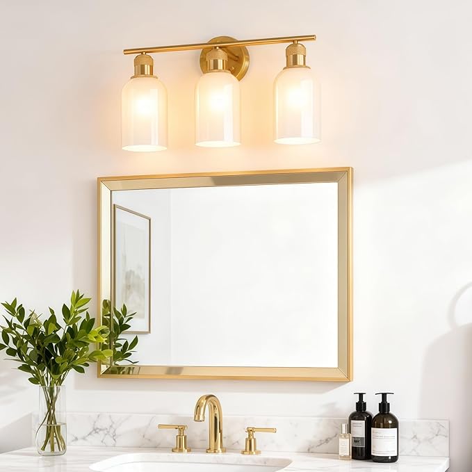 Vintage Gold 3-Light Vanity Light, Wall Light Fixtures with White Glass Shade for Bathroom Mirror Kitchen Living Room Hallway Cabinet Porch