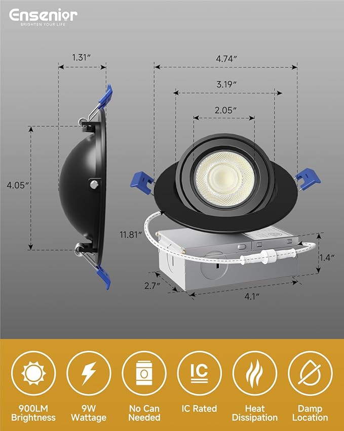 Ensenior 6 Pack 4 inch 5CCT LED Gimbal Led Recessed Light with Junction Box, 360°+90° Adjustable Directional Lighting, Dimmable, CRI90+, 2700K/3000K/3500K/4000K/5000K, 900LM, 10W=85W-ETL&FCC, Black