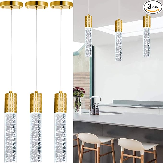 HAIXIANG Set of 3 Pendant Lights for Kitchen Island, White Light, Gold Crystal Linear Pendant Lighting, Bar Corner LED Light Fixtures Glam Drop Light