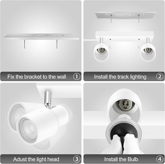 Plug in Track Lighting Fixtures Ceiling, White Track Light LED, 2-Light Track Lights with Cord, 2 Way Ceiling Spotlight, Rocker Switch, Rotatable Wall Mount Light for Kitchen/Bedroom,Bulb Not Included