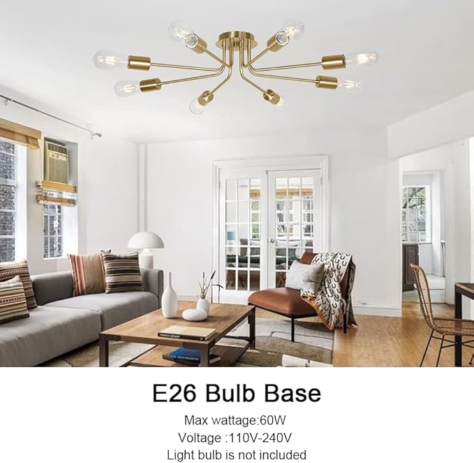 8 Lights Sputnik Chandelier Brushed Brass Semi Flush Mount Ceiling Lights Industrial Kitchen Lighting Fixtures Ceiling Lighting
