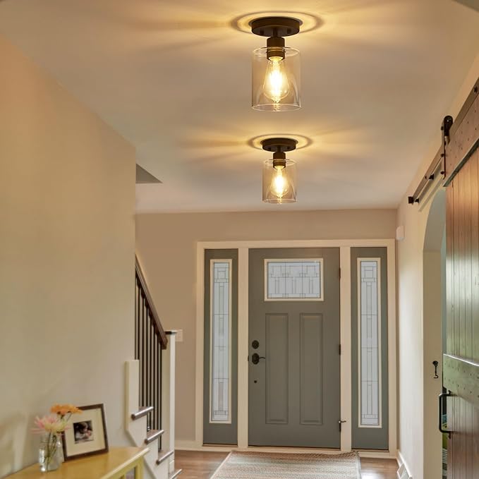 YYT Hallway Light Fixtures Ceiling Black 1 Light Semi Flush Mount Ceiling Light Hallway Light Fixtures Small Cieling Lights Single Light Fixture with Clear Glass Shade Set of 1