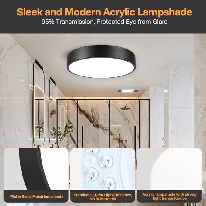 13inch Black Minimalist LED Flush Mount Ceiling Light, Black Matted Fixture, Dimmable Ceiling Lamp with Acrylic Pieces Shade, 26W, 3000K, ETL Listed for Entryway, Bathroom, Bedroom