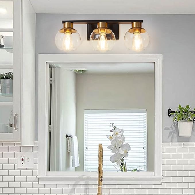 PAZALA 3-Light Bathroom Vanity Lights, Black and Gold Bathroom Light Fixtures Over Mirror with Globe Glass Shade, 22in Modern Wall Sconce for Bathr Mirror Bedroom Hallway, E26 Base(Bulbs Not Included)