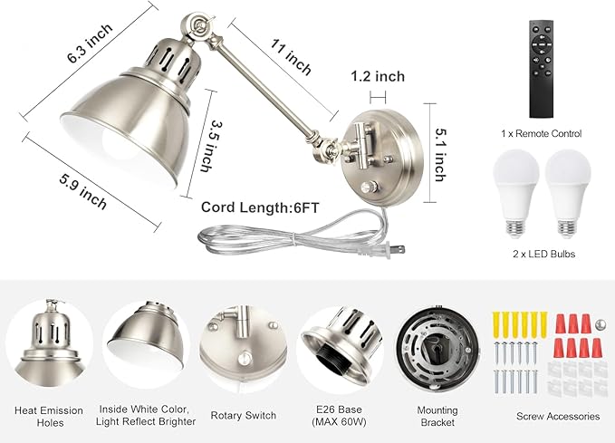 2 Pack Plug in Wall Sconces with Remote Control, Dimming, Adjustable Colors 2700K-6500K, Swing Arm Wall Lamps with Night Light & Timer, Plug-in or Hardwired, LED Bulbs Included, Brushed Nickel