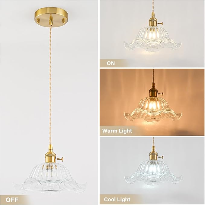 Vintage Pendant Lights Kitchen Island, Adjustable Brass Pendant Light Fixtures with Transparent Lily Glass Lampshade, Gold Kitchen Pendant Lighting Over Island, Pendant Light for Dining Room Hallway