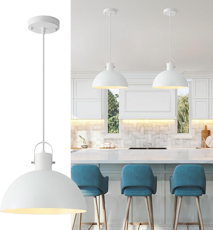 White Pendant Light 2 Pack, 11.8 Inch Dome Pendant Lights Kitchen Island, Farmhouse Pendant Lights for Kitchen Island, Dining Room, Living Room