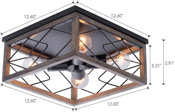 VILUXY Farmhouse Wood Flush Mount Ceiling Light 4 Lights Square Close to Ceiling Lamp Rustic for Entryway Kitchen Hallway Dining Room Bedroom