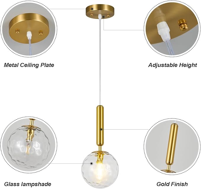 Modern Gold Pendant Light Hanging Fixture Light for Kitchen Island Mid Century with Globe Pendant Light Clear Glass Pendant Lighting for Living Room Bedroom Entryway (3 Pack)
