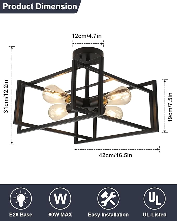 WILON Black Ceiling Light Fixture, Modern Square Semi Flush Chandelier Ceiling Lamp for Kitchen Dining Room Bedroom Laundry Room Living Room (4 Lights)