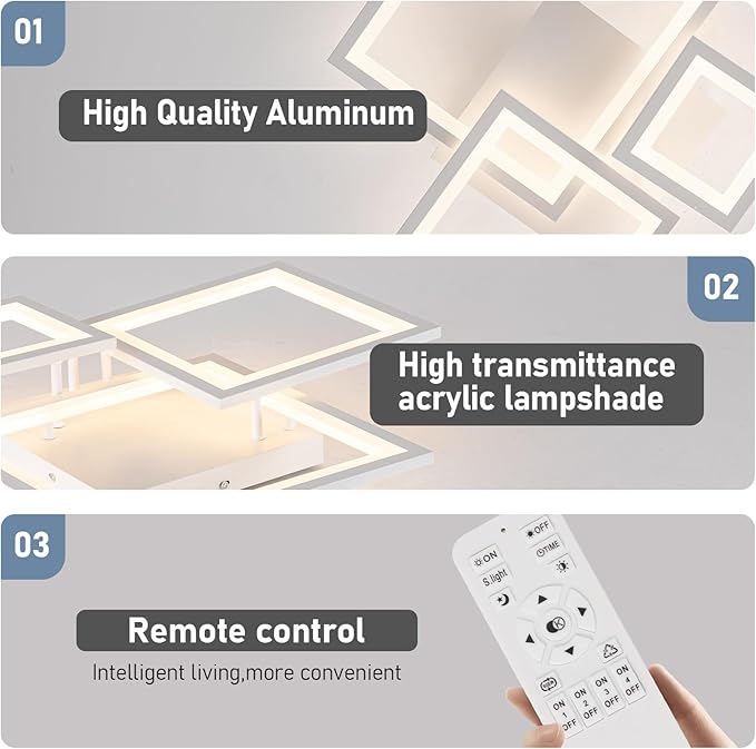 Modern White Led Ceiling Light 3-Square Design 3000K-6500K Dimmable LED Ceiling Light with Remote 33W Acrylic Ceiling Lighting Fixture for Bedroom Kitchen Dining Room Office Lamps (White)