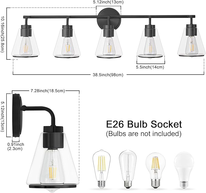 Bathroom Vanity Light 5 Light, Modern Vanity Lighting Fixture for Bathroom, 38.5" Vanity Lights with Clear Glass Shade, Black Bath-Room Wall Light Over Mirror, Wall Sconces for Bath